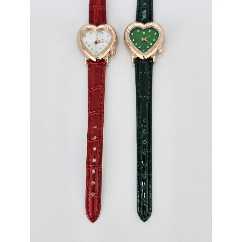 2X Girl's Women's Watch Heart Shape Green Red Dial 28MM Green‎ Red Leather Bands